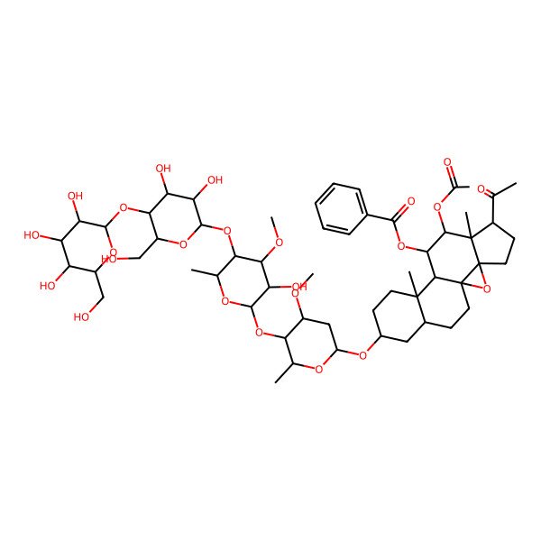 2D Structure of [(1S,3R,6S,7S,8S,9S,10S,11S,14S,16S)-6-acetyl-8-acetyloxy-14-[(2R,4R,5R,6R)-5-[(2S,3R,4S,5R,6R)-5-[(2S,3R,4R,5S,6R)-3,4-dihydroxy-6-(hydroxymethyl)-5-[(2S,3R,4S,5S,6R)-3,4,5-trihydroxy-6-(hydroxymethyl)oxan-2-yl]oxyoxan-2-yl]oxy-3-hydroxy-4-methoxy-6-methyloxan-2-yl]oxy-4-methoxy-6-methyloxan-2-yl]oxy-7,11-dimethyl-2-oxapentacyclo[8.8.0.01,3.03,7.011,16]octadecan-9-yl] benzoate