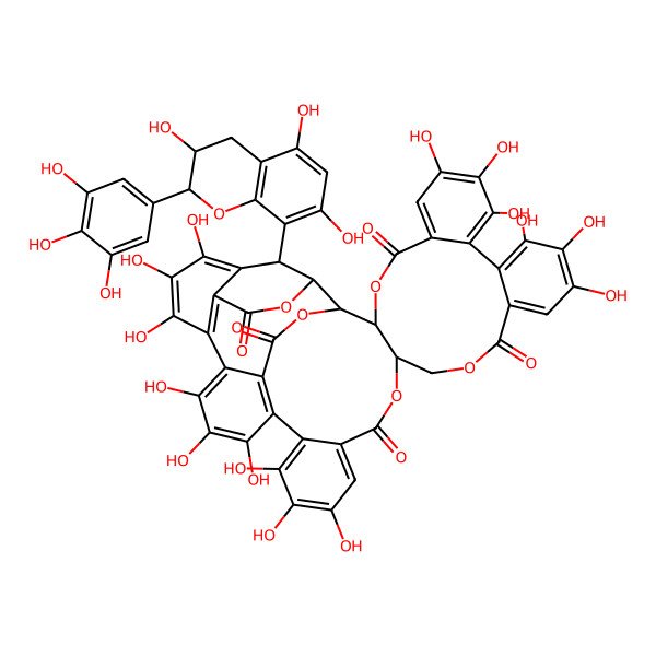 2D Structure of (1R,2R,20R,42R,46R)-7,8,9,12,13,14,25,26,27,30,31,32,35,36,37-pentadecahydroxy-46-[(2R,3S)-3,5,7-trihydroxy-2-(3,4,5-trihydroxyphenyl)-3,4-dihydro-2H-chromen-8-yl]-3,18,21,41,43-pentaoxanonacyclo[27.13.3.138,42.02,20.05,10.011,16.023,28.033,45.034,39]hexatetraconta-5,7,9,11,13,15,23,25,27,29(45),30,32,34(39),35,37-pentadecaene-4,17,22,40,44-pentone