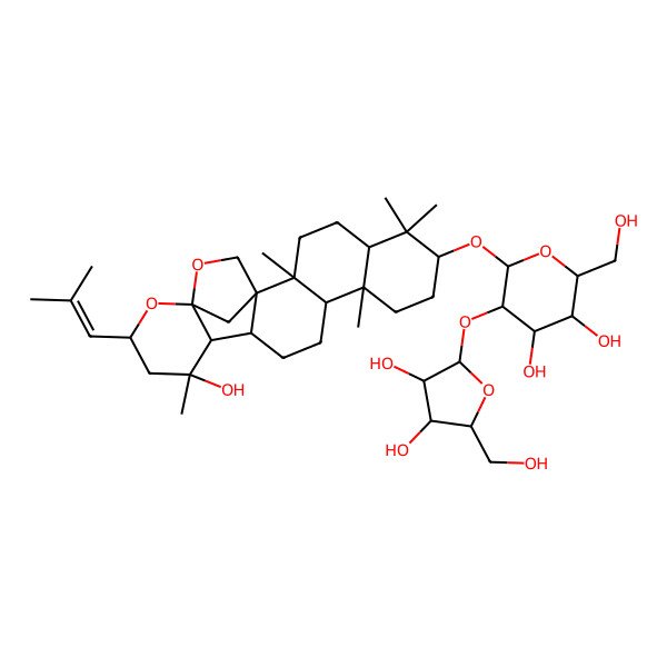 2D Structure of 5-[3,4-Dihydroxy-5-(hydroxymethyl)oxolan-2-yl]oxy-2-(hydroxymethyl)-6-[[16-hydroxy-2,6,6,10,16-pentamethyl-18-(2-methylprop-1-enyl)-19,21-dioxahexacyclo[18.2.1.01,14.02,11.05,10.015,20]tricosan-7-yl]oxy]oxane-3,4-diol
