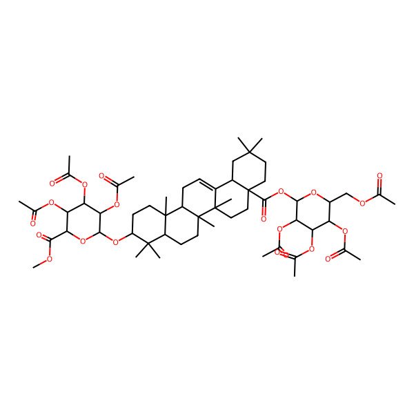 2D Structure of methyl (2S,3S,4S,5R,6R)-6-[[(3S,4aS,6aR,6bS,8aS,12aS,14aR,14bR)-4,4,6a,6b,11,11,14b-heptamethyl-8a-[(2S,3R,4S,5R,6R)-3,4,5-triacetyloxy-6-(acetyloxymethyl)oxan-2-yl]oxycarbonyl-1,2,3,4a,5,6,7,8,9,10,12,12a,14,14a-tetradecahydropicen-3-yl]oxy]-3,4,5-triacetyloxyoxane-2-carboxylate