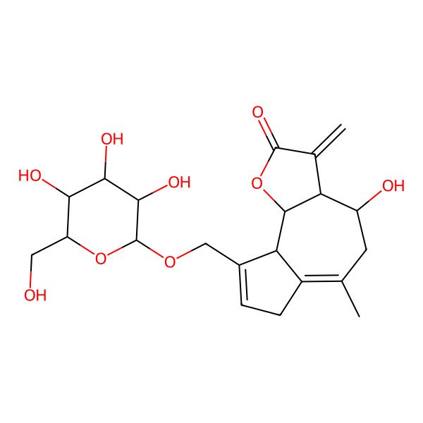 2D Structure of (3aR,4S,9aR,9bR)-4-hydroxy-6-methyl-3-methylidene-9-[[(2R,3R,4S,5S,6R)-3,4,5-trihydroxy-6-(hydroxymethyl)oxan-2-yl]oxymethyl]-3a,4,5,7,9a,9b-hexahydroazuleno[4,5-b]furan-2-one