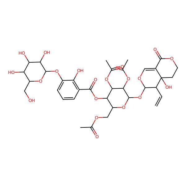 2D Structure of [(2R,3R,4S,5R,6S)-4,5-diacetyloxy-2-(acetyloxymethyl)-6-[[(3R,4R,4aR)-4-ethenyl-4a-hydroxy-8-oxo-3,4,5,6-tetrahydropyrano[3,4-c]pyran-3-yl]oxy]oxan-3-yl] 2-hydroxy-3-[(2S,3R,4S,5S,6R)-3,4,5-trihydroxy-6-(hydroxymethyl)oxan-2-yl]oxybenzoate