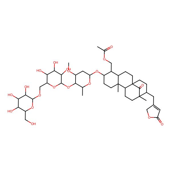 2D Structure of [(1R,4S,5S,6S,9S,10S,13R,14R)-6-[(2R,4R,5S,6S)-4-methoxy-6-methyl-5-[(2S,3R,4S,5S,6R)-3,4,5-trihydroxy-6-[[(2R,3R,4S,5S,6R)-3,4,5-trihydroxy-6-(hydroxymethyl)oxan-2-yl]oxymethyl]oxan-2-yl]oxyoxan-2-yl]oxy-9,13-dimethyl-17-oxo-14-[(5-oxo-2H-furan-3-yl)methyl]-5-tetracyclo[11.3.1.01,10.04,9]heptadecanyl]methyl acetate