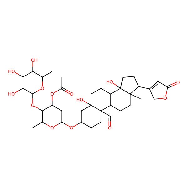 2D Structure of [6-[[10-formyl-5,14-dihydroxy-13-methyl-17-(5-oxo-2H-furan-3-yl)-2,3,4,6,7,8,9,11,12,15,16,17-dodecahydro-1H-cyclopenta[a]phenanthren-3-yl]oxy]-2-methyl-3-(3,4,5-trihydroxy-6-methyloxan-2-yl)oxyoxan-4-yl] acetate