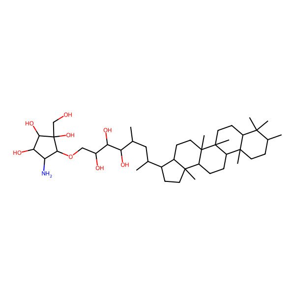 2D Structure of 5-[7-(5a,5b,8,8,9,11a,13b-Heptamethyl-1,2,3,3a,4,5,6,7,7a,9,10,11,11b,12,13,13a-hexadecahydrocyclopenta[a]chrysen-3-yl)-2,3,4-trihydroxy-5-methyloctoxy]-4-amino-1-(hydroxymethyl)cyclopentane-1,2,3-triol