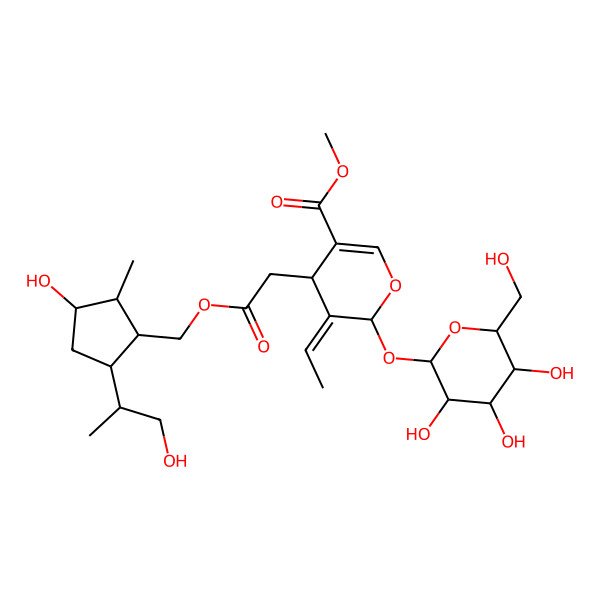 2D Structure of methyl 5-ethylidene-4-[2-[[3-hydroxy-5-(1-hydroxypropan-2-yl)-2-methylcyclopentyl]methoxy]-2-oxoethyl]-6-[3,4,5-trihydroxy-6-(hydroxymethyl)oxan-2-yl]oxy-4H-pyran-3-carboxylate