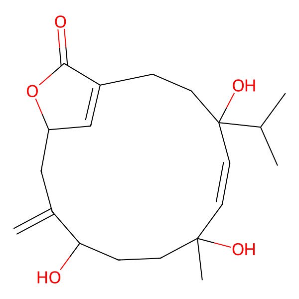 2D Structure of (4S,7S,10R,13S)-4,7,10-trihydroxy-7-methyl-11-methylidene-4-propan-2-yl-14-oxabicyclo[11.2.1]hexadeca-1(16),5-dien-15-one