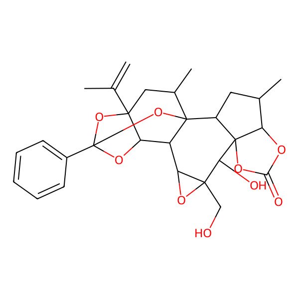 2D Structure of 10-Hydroxy-11-(hydroxymethyl)-4,21-dimethyl-17-phenyl-19-prop-1-en-2-yl-6,8,12,16,18,22-hexaoxaheptacyclo[15.4.1.01,14.02,9.05,9.011,13.015,19]docosan-7-one