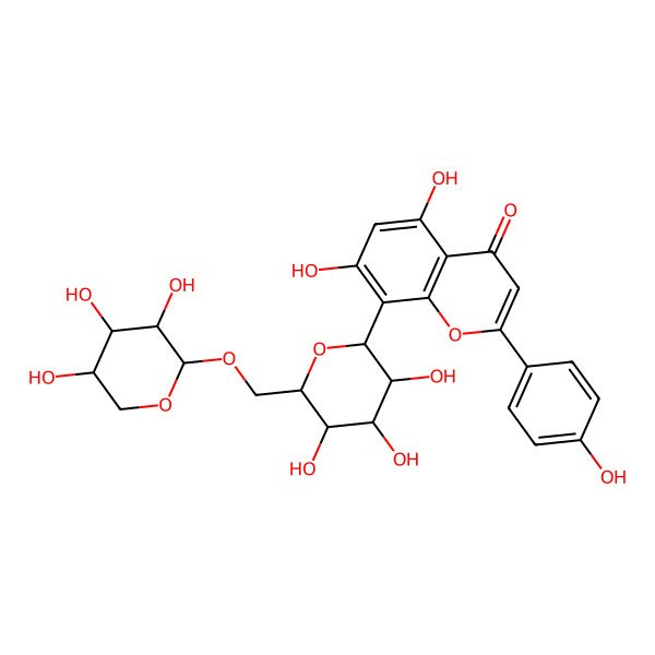 2D Structure of 5,7-dihydroxy-2-(4-hydroxyphenyl)-8-[(2S,3R,4R,5S,6R)-3,4,5-trihydroxy-6-[[(2S,3R,4S,5R)-3,4,5-trihydroxyoxan-2-yl]oxymethyl]oxan-2-yl]chromen-4-one