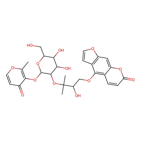 2D Structure of 4-[3-[4,5-Dihydroxy-6-(hydroxymethyl)-2-(2-methyl-4-oxopyran-3-yl)oxyoxan-3-yl]oxy-2-hydroxy-3-methylbutoxy]furo[3,2-g]chromen-7-one
