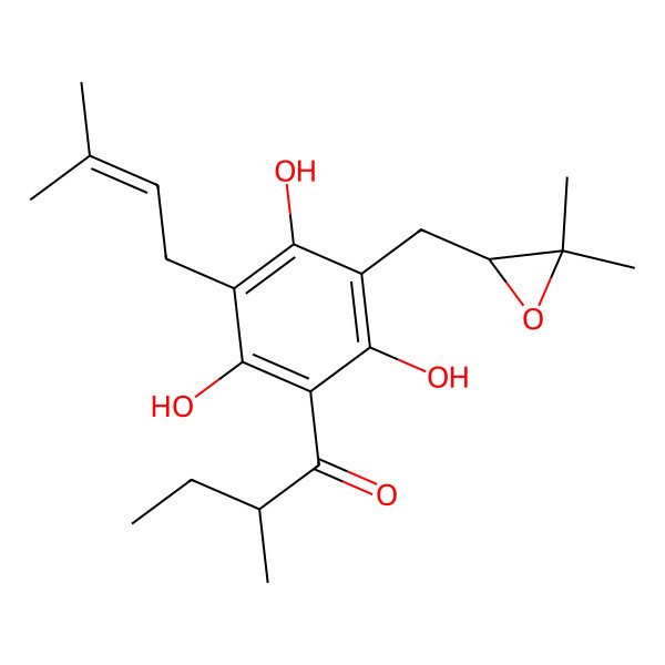 2D Structure of (2R)-1-[3-[[(2S)-3,3-dimethyloxiran-2-yl]methyl]-2,4,6-trihydroxy-5-(3-methylbut-2-enyl)phenyl]-2-methylbutan-1-one