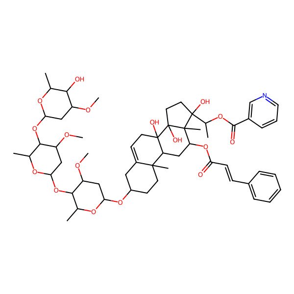2D Structure of [(1S)-1-[(3S,8S,9R,10R,12R,13R,14R,17S)-8,14,17-trihydroxy-3-[(2R,4S,5R,6R)-5-[(2S,4R,5R,6R)-5-[(2S,4R,5R,6R)-5-hydroxy-4-methoxy-6-methyloxan-2-yl]oxy-4-methoxy-6-methyloxan-2-yl]oxy-4-methoxy-6-methyloxan-2-yl]oxy-10,13-dimethyl-12-[(E)-3-phenylprop-2-enoyl]oxy-1,2,3,4,7,9,11,12,15,16-decahydrocyclopenta[a]phenanthren-17-yl]ethyl] pyridine-3-carboxylate