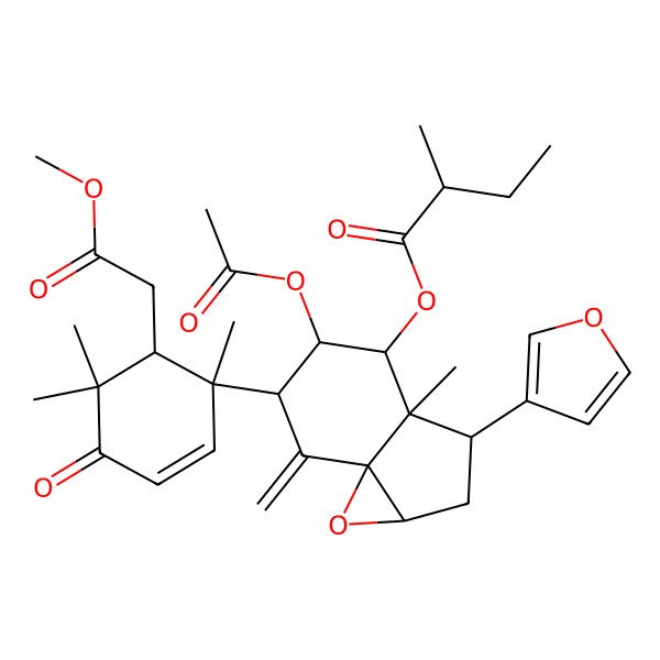 2D Structure of [(1aR,3S,3aR,4R,5R,6R,7aS)-5-acetyloxy-3-(furan-3-yl)-6-[(1S,6R)-6-(2-methoxy-2-oxoethyl)-1,5,5-trimethyl-4-oxocyclohex-2-en-1-yl]-3a-methyl-7-methylidene-1a,2,3,4,5,6-hexahydroindeno[1,7a-b]oxiren-4-yl] 2-methylbutanoate