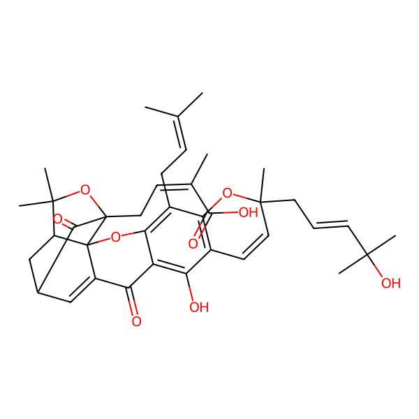 2D Structure of (Z)-4-[(1S,2S,8R,17S,19R)-12-hydroxy-8-[(E)-4-hydroxy-4-methylpent-2-enyl]-8,21,21-trimethyl-5-(3-methylbut-2-enyl)-14,18-dioxo-3,7,20-trioxahexacyclo[15.4.1.02,15.02,19.04,13.06,11]docosa-4(13),5,9,11,15-pentaen-19-yl]-2-methylbut-2-enoic acid
