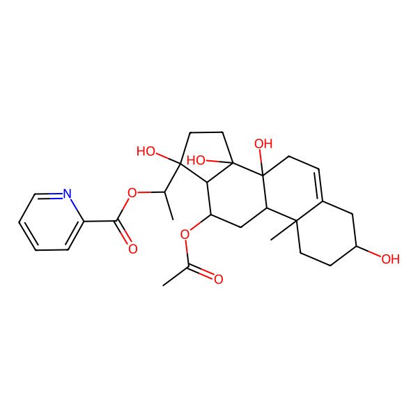2D Structure of [(1S)-1-[(3R,8S,9R,10R,12R,13S,14R,17S)-12-acetyloxy-3,8,14,17-tetrahydroxy-10-methyl-2,3,4,7,9,11,12,13,15,16-decahydro-1H-cyclopenta[a]phenanthren-17-yl]ethyl] pyridine-2-carboxylate