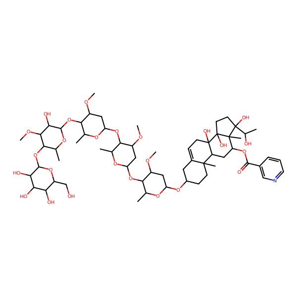 2D Structure of [(3S,8S,9R,10R,12R,13R,14R,17R)-8,14,17-trihydroxy-17-[(1S)-1-hydroxyethyl]-3-[(2R,4S,5R,6R)-5-[(2S,4S,5R,6R)-5-[(2S,4R,5R,6R)-5-[(2S,3R,4S,5R,6R)-3-hydroxy-4-methoxy-6-methyl-5-[(2S,3R,4S,5S,6R)-3,4,5-trihydroxy-6-(hydroxymethyl)oxan-2-yl]oxyoxan-2-yl]oxy-4-methoxy-6-methyloxan-2-yl]oxy-4-methoxy-6-methyloxan-2-yl]oxy-4-methoxy-6-methyloxan-2-yl]oxy-10,13-dimethyl-1,2,3,4,7,9,11,12,15,16-decahydrocyclopenta[a]phenanthren-12-yl] pyridine-3-carboxylate