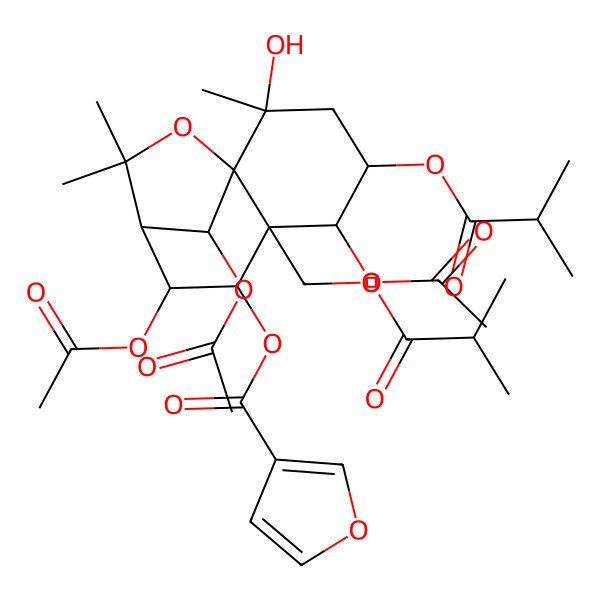 2D Structure of [5,8,12-Triacetyloxy-2-hydroxy-2,10,10-trimethyl-4-(2-methylpropanoyloxy)-6-(2-methylpropanoyloxymethyl)-11-oxatricyclo[7.2.1.01,6]dodecan-7-yl] furan-3-carboxylate