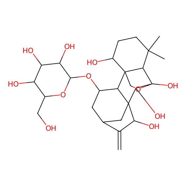 2D Structure of (1S,2S,3S,5S,7S,8S,9S,10R,11R,15R)-12,12-dimethyl-6-methylidene-3-[(2R,3R,4S,5R,6R)-3,4,5-trihydroxy-6-(hydroxymethyl)oxan-2-yl]oxy-17-oxapentacyclo[8.5.2.15,8.01,11.02,8]octadecane-7,9,10,15-tetrol