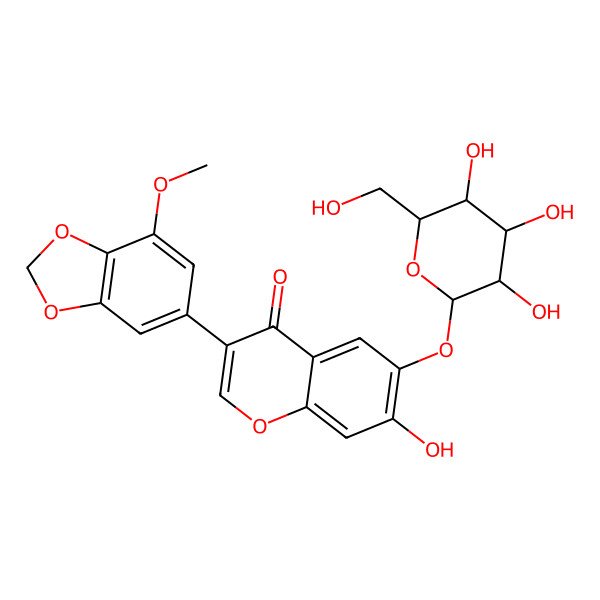 2D Structure of 7-hydroxy-3-(7-methoxy-1,3-benzodioxol-5-yl)-6-[(2S,3S,4S,5S,6R)-3,4,5-trihydroxy-6-(hydroxymethyl)oxan-2-yl]oxychromen-4-one