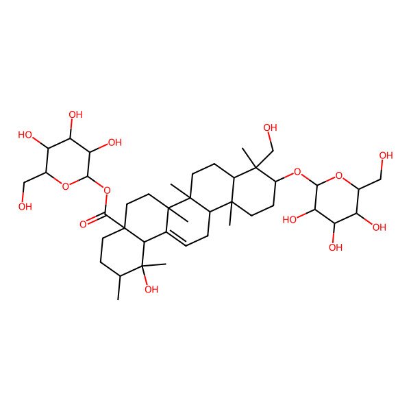 2D Structure of [(2R,3R,4S,5S,6R)-3,4,5-trihydroxy-6-(hydroxymethyl)oxan-2-yl] (1R,2R,4aS,6aR,6aS,6bR,8aR,9R,10S,12aR,14bR)-1-hydroxy-9-(hydroxymethyl)-1,2,6a,6b,9,12a-hexamethyl-10-[(2R,3R,4S,5S,6R)-3,4,5-trihydroxy-6-(hydroxymethyl)oxan-2-yl]oxy-2,3,4,5,6,6a,7,8,8a,10,11,12,13,14b-tetradecahydropicene-4a-carboxylate
