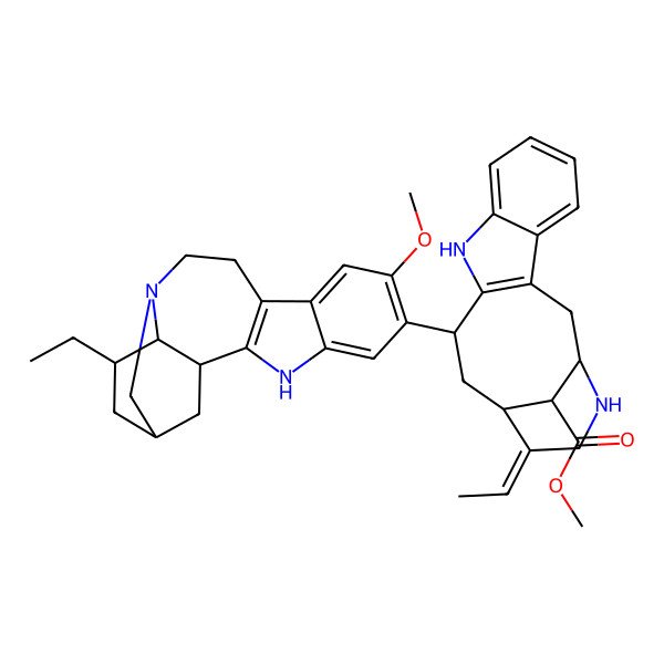 2D Structure of methyl (1S,12R,14S,15E,18S)-15-ethylidene-12-[(1R,15S,17S,18S)-17-ethyl-7-methoxy-3,13-diazapentacyclo[13.3.1.02,10.04,9.013,18]nonadeca-2(10),4,6,8-tetraen-6-yl]-10,17-diazatetracyclo[12.3.1.03,11.04,9]octadeca-3(11),4,6,8-tetraene-18-carboxylate