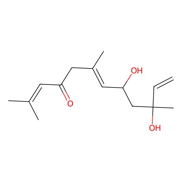 2D Structure of (6E,8R,10S)-8,10-dihydroxy-2,6,10-trimethyldodeca-2,6,11-trien-4-one 2D Structure of (6E,8R,10S)-8,10-dihydroxy-2,6,10-trimethyldodeca-2,6,11-trien-4-one