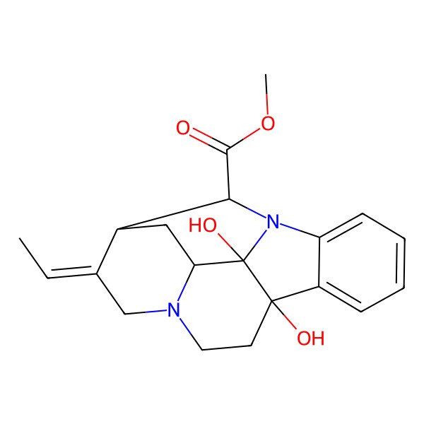 2D Structure of methyl (8S,13E,14S,16S,17R,18S)-13-ethylidene-8,17-dihydroxy-1,11-diazapentacyclo[12.3.1.02,7.08,17.011,16]octadeca-2,4,6-triene-18-carboxylate