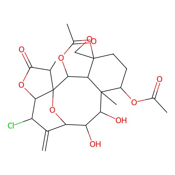 2D Structure of (2-Acetyloxy-13-chloro-9,10-dihydroxy-8,17-dimethyl-12-methylidene-16-oxospiro[15,18-dioxatetracyclo[9.6.1.01,14.03,8]octadecane-4,2'-oxirane]-7-yl) acetate