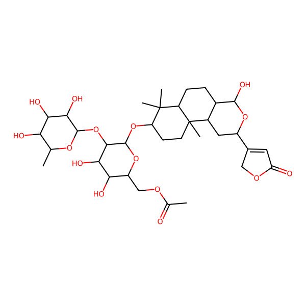 2D Structure of [3,4-dihydroxy-6-[[4-hydroxy-7,7,10a-trimethyl-2-(5-oxo-2H-furan-3-yl)-2,4,4a,5,6,6a,8,9,10,10b-decahydro-1H-benzo[f]isochromen-8-yl]oxy]-5-(3,4,5-trihydroxy-6-methyloxan-2-yl)oxyoxan-2-yl]methyl acetate