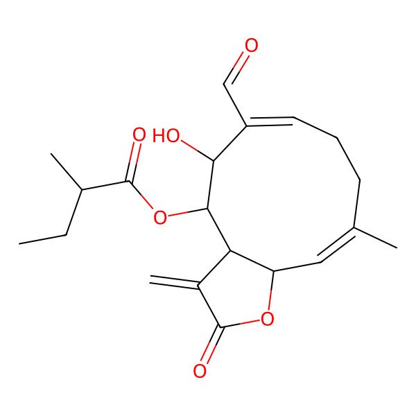2D Structure of [(3aS,4S,5R,6E,10E,11aR)-6-formyl-5-hydroxy-10-methyl-3-methylidene-2-oxo-3a,4,5,8,9,11a-hexahydrocyclodeca[b]furan-4-yl] (2R)-2-methylbutanoate