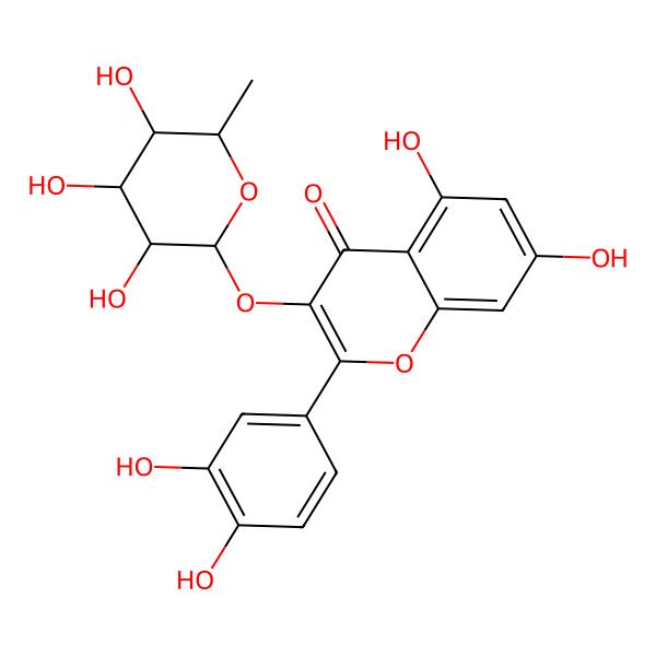 2D Structure of 2-(3,4-dihydroxyphenyl)-5,7-dihydroxy-3-[(2S,3R,4R,5R,6R)-3,4,5-trihydroxy-6-methyloxan-2-yl]oxychromen-4-one