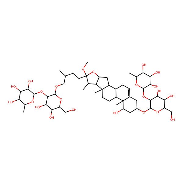 2D Structure of (2S,3R,4R,5R,6S)-2-[(2R,3R,4S,5S,6R)-2-[(2R)-4-[(1S,2S,4S,6R,7S,8R,9S,12S,13R,14R,16R)-16-[(2R,3R,4S,5S,6R)-4,5-dihydroxy-6-(hydroxymethyl)-3-[(2S,3R,4R,5R,6S)-3,4,5-trihydroxy-6-methyloxan-2-yl]oxyoxan-2-yl]oxy-14-hydroxy-6-methoxy-7,9,13-trimethyl-5-oxapentacyclo[10.8.0.02,9.04,8.013,18]icos-18-en-6-yl]-2-methylbutoxy]-4,5-dihydroxy-6-(hydroxymethyl)oxan-3-yl]oxy-6-methyloxane-3,4,5-triol