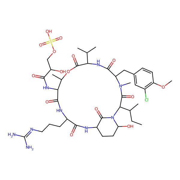 2D Structure of [(2R)-3-[[(2S,5S,8S,11R,12S,15S,18S,21R)-2-[(2S)-butan-2-yl]-5-[(3-chloro-4-methoxyphenyl)methyl]-15-[3-(diaminomethylideneamino)propyl]-21-hydroxy-4,11-dimethyl-3,6,9,13,16,22-hexaoxo-8-propan-2-yl-10-oxa-1,4,7,14,17-pentazabicyclo[16.3.1]docosan-12-yl]amino]-2-hydroxy-3-oxopropyl] hydrogen sulfate