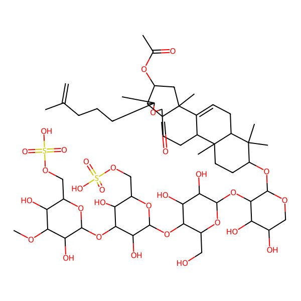 2D Structure of [(2S,4S,5R,6S,9S,12R,13R,16S,18R)-16-[(2R,3R,4S,5R)-3-[(2S,3R,4R,5S,6R)-5-[(2S,3R,4S,5R,6R)-4-[(2S,3R,4S,5R,6R)-3,5-dihydroxy-4-methoxy-6-(sulfooxymethyl)oxan-2-yl]oxy-3,5-dihydroxy-6-(sulfooxymethyl)oxan-2-yl]oxy-3,4-dihydroxy-6-(hydroxymethyl)oxan-2-yl]oxy-4,5-dihydroxyoxan-2-yl]oxy-2,6,13,17,17-pentamethyl-6-(4-methylpent-4-enyl)-8-oxo-7-oxapentacyclo[10.8.0.02,9.05,9.013,18]icos-1(20)-en-4-yl] acetate