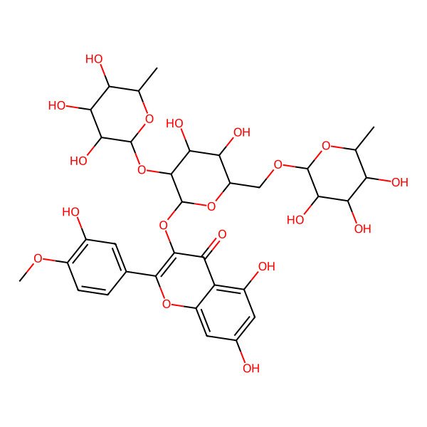 2D Structure of 3-[(2S,3R,4S,5S,6R)-4,5-dihydroxy-3-[(2R,3R,4R,5R,6S)-3,4,5-trihydroxy-6-methyloxan-2-yl]oxy-6-[[(2R,3R,4R,5R,6S)-3,4,5-trihydroxy-6-methyloxan-2-yl]oxymethyl]oxan-2-yl]oxy-5,7-dihydroxy-2-(3-hydroxy-4-methoxyphenyl)chromen-4-one