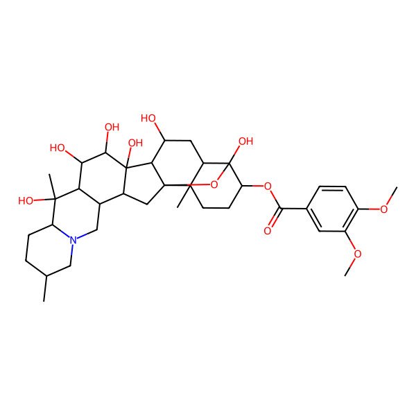 2D Structure of (10,12,13,14,16,23-Hexahydroxy-6,10,19-trimethyl-24-oxa-4-azaheptacyclo[12.12.0.02,11.04,9.015,25.018,23.019,25]hexacosan-22-yl) 3,4-dimethoxybenzoate