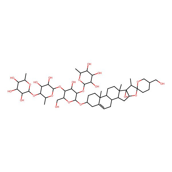 2D Structure of (2S,3R,4R,5R,6S)-2-[(2S,3R,4S,5R,6S)-4,5-dihydroxy-6-[(2R,3S,4S,5R,6R)-4-hydroxy-6-[(1R,2S,4S,5'R,6R,7S,8S,9S,12S,13R,16S)-8-hydroxy-5'-(hydroxymethyl)-7,9,13-trimethylspiro[5-oxapentacyclo[10.8.0.02,9.04,8.013,18]icos-18-ene-6,2'-oxane]-16-yl]oxy-2-(hydroxymethyl)-5-[(2S,3R,4R,5R,6S)-3,4,5-trihydroxy-6-methyloxan-2-yl]oxyoxan-3-yl]oxy-2-methyloxan-3-yl]oxy-6-methyloxane-3,4,5-triol