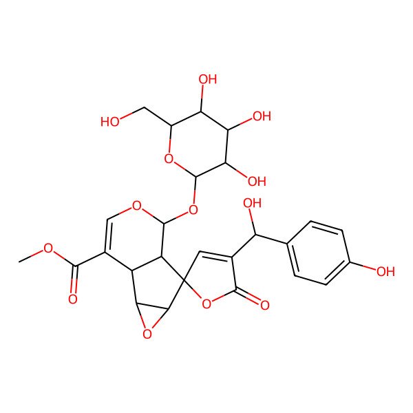 2D Structure of methyl (1S,2S,4S,5S,6S,7R)-4'-[(S)-hydroxy-(4-hydroxyphenyl)methyl]-5'-oxo-7-[(2S,3R,4S,5S,6R)-3,4,5-trihydroxy-6-(hydroxymethyl)oxan-2-yl]oxyspiro[3,8-dioxatricyclo[4.4.0.02,4]dec-9-ene-5,2'-furan]-10-carboxylate