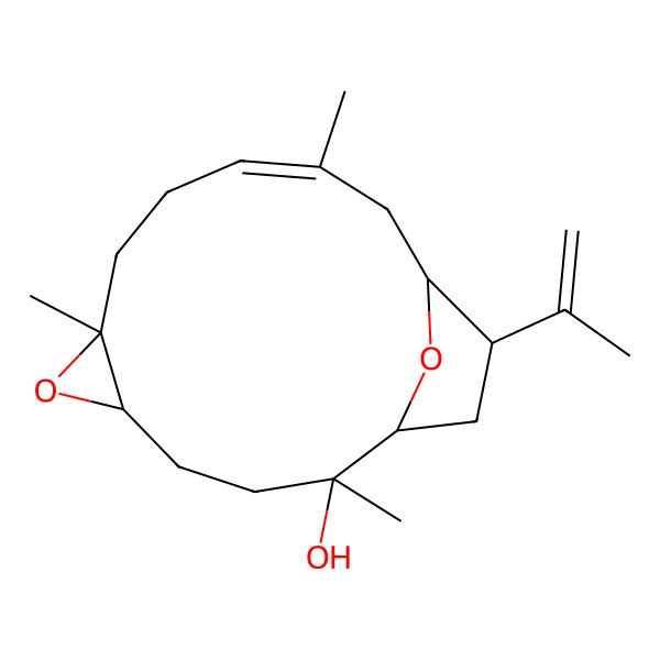 2D Structure of (1R,2S,5S,7S,10E,13S,14R)-2,7,11-trimethyl-14-prop-1-en-2-yl-6,16-dioxatricyclo[11.2.1.05,7]hexadec-10-en-2-ol