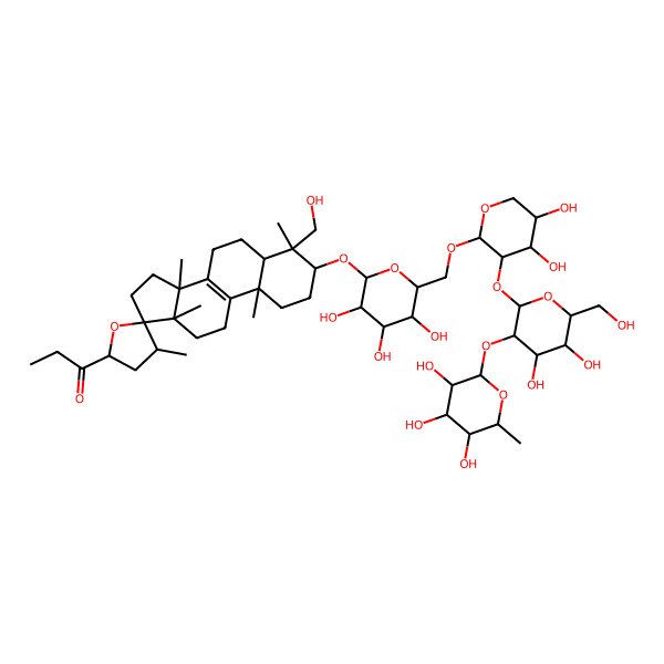 2D Structure of 1-[(2'R,3R,4R,4'R,5S,10R,13R,14R,17R)-3-[(2R,3R,4R,5R,6S)-6-[[(2S,3R,4S,5R)-3-[(2S,3S,4S,5S,6R)-4,5-dihydroxy-6-(hydroxymethyl)-3-[(2R,3S,4R,5R,6R)-3,4,5-trihydroxy-6-methyloxan-2-yl]oxyoxan-2-yl]oxy-4,5-dihydroxyoxan-2-yl]oxymethyl]-3,4,5-trihydroxyoxan-2-yl]oxy-4-(hydroxymethyl)-4,4',10,13,14-pentamethylspiro[1,2,3,5,6,7,11,12,15,16-decahydrocyclopenta[a]phenanthrene-17,5'-oxolane]-2'-yl]propan-1-one