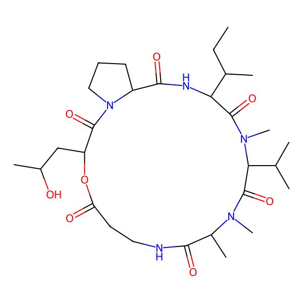 2D Structure of 16-Butan-2-yl-3-(2-hydroxypropyl)-10,11,14-trimethyl-13-propan-2-yl-4-oxa-1,8,11,14,17-pentazabicyclo[17.3.0]docosane-2,5,9,12,15,18-hexone