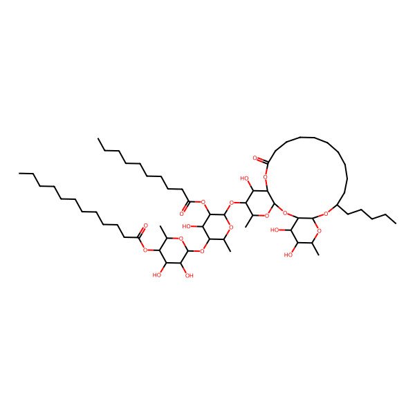 2D Structure of [(2S,3R,4S,5R,6S)-6-[(2S,3R,4R,5R,6S)-5-decanoyloxy-4-hydroxy-2-methyl-6-[[(1R,3S,5S,6R,7R,8R,20S,22R,24R,25R,26S)-7,25,26-trihydroxy-5,24-dimethyl-10-oxo-20-pentyl-2,4,9,21,23-pentaoxatricyclo[20.4.0.03,8]hexacosan-6-yl]oxy]oxan-3-yl]oxy-4,5-dihydroxy-2-methyloxan-3-yl] dodecanoate