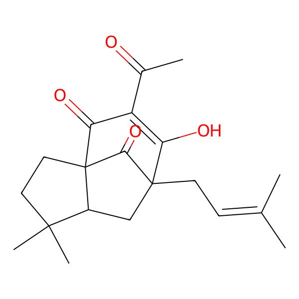 2D Structure of (5R,7S)-9-acetyl-8-hydroxy-4,4-dimethyl-7-(3-methylbut-2-enyl)tricyclo[5.3.1.01,5]undec-8-ene-10,11-dione