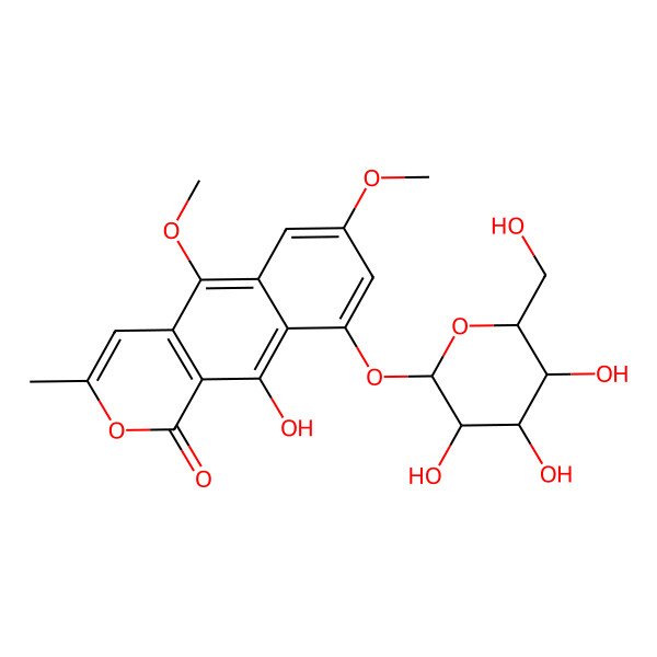 2D Structure of 10-hydroxy-5,7-dimethoxy-3-methyl-9-[(2S,3R,4S,5S,6R)-3,4,5-trihydroxy-6-(hydroxymethyl)oxan-2-yl]oxybenzo[g]isochromen-1-one