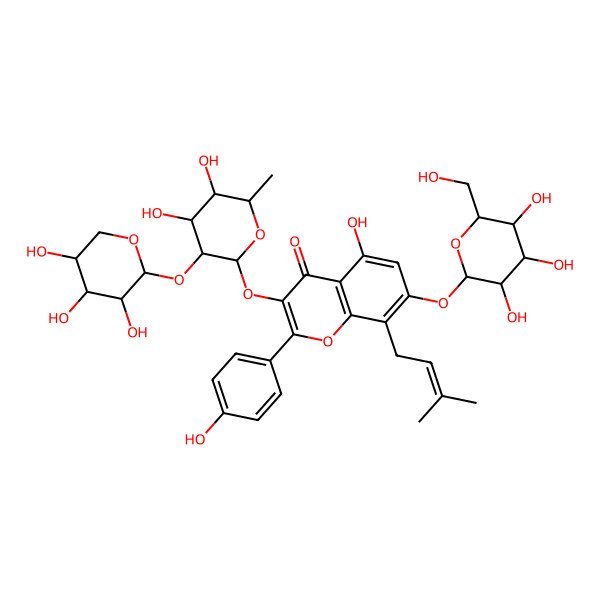 2D Structure of 3-[(2S,3R,4R,5R,6S)-4,5-dihydroxy-6-methyl-3-[(2R,3R,4S,5R)-3,4,5-trihydroxyoxan-2-yl]oxyoxan-2-yl]oxy-5-hydroxy-2-(4-hydroxyphenyl)-8-(3-methylbut-2-enyl)-7-[(2R,3R,4S,5S,6R)-3,4,5-trihydroxy-6-(hydroxymethyl)oxan-2-yl]oxychromen-4-one