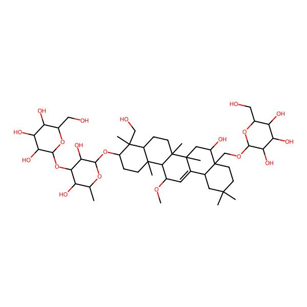 2D Structure of (2R,3R,4S,5S,6R)-2-[[(4aS,5S,6aR,6aS,6bR,8aR,9R,10S,12aS,13R,14bS)-10-[(2R,3R,4S,5S,6R)-3,5-dihydroxy-6-methyl-4-[(2S,3R,4S,5S,6R)-3,4,5-trihydroxy-6-(hydroxymethyl)oxan-2-yl]oxyoxan-2-yl]oxy-5-hydroxy-9-(hydroxymethyl)-13-methoxy-2,2,6a,6b,9,12a-hexamethyl-1,3,4,5,6,6a,7,8,8a,10,11,12,13,14b-tetradecahydropicen-4a-yl]methoxy]-6-(hydroxymethyl)oxane-3,4,5-triol