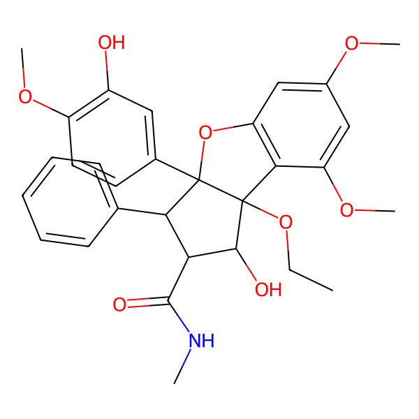 2D Structure of 8b-ethoxy-1-hydroxy-3a-(3-hydroxy-4-methoxyphenyl)-6,8-dimethoxy-N-methyl-3-phenyl-2,3-dihydro-1H-cyclopenta[b][1]benzofuran-2-carboxamide
