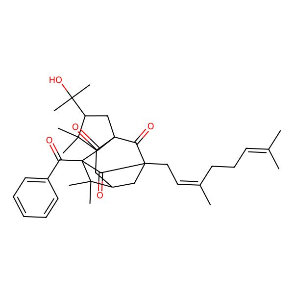 2D Structure of (1S,3R,5S,7R,9S,11R)-9-benzoyl-11-[(2E)-3,7-dimethylocta-2,6-dienyl]-3-(2-hydroxypropan-2-yl)-4,4,8,8-tetramethyltetracyclo[7.3.1.17,11.01,5]tetradecane-10,12,13-trione