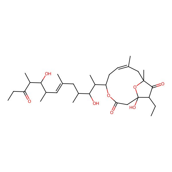 2D Structure of 5-(3,9-Dihydroxy-4,6,8,10-tetramethyl-11-oxotridec-6-en-2-yl)-12-ethyl-1-hydroxy-8,10-dimethyl-4,13-dioxabicyclo[8.2.1]tridec-7-ene-3,11-dione