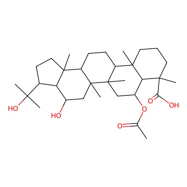 2D Structure of 7-Acetyloxy-4-hydroxy-3-(2-hydroxypropan-2-yl)-5a,5b,8,11a,13b-pentamethyl-1,2,3,3a,4,5,6,7,7a,9,10,11,11b,12,13,13a-hexadecahydrocyclopenta[a]chrysene-8-carboxylic acid